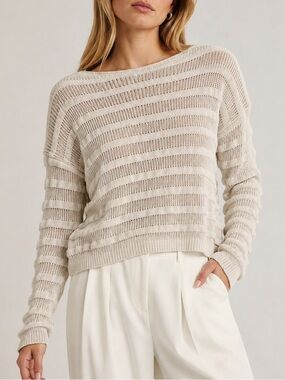 Theory 100% Wool Open Knit Striped Sweater Size P Ivory Sweater Weather Elegant